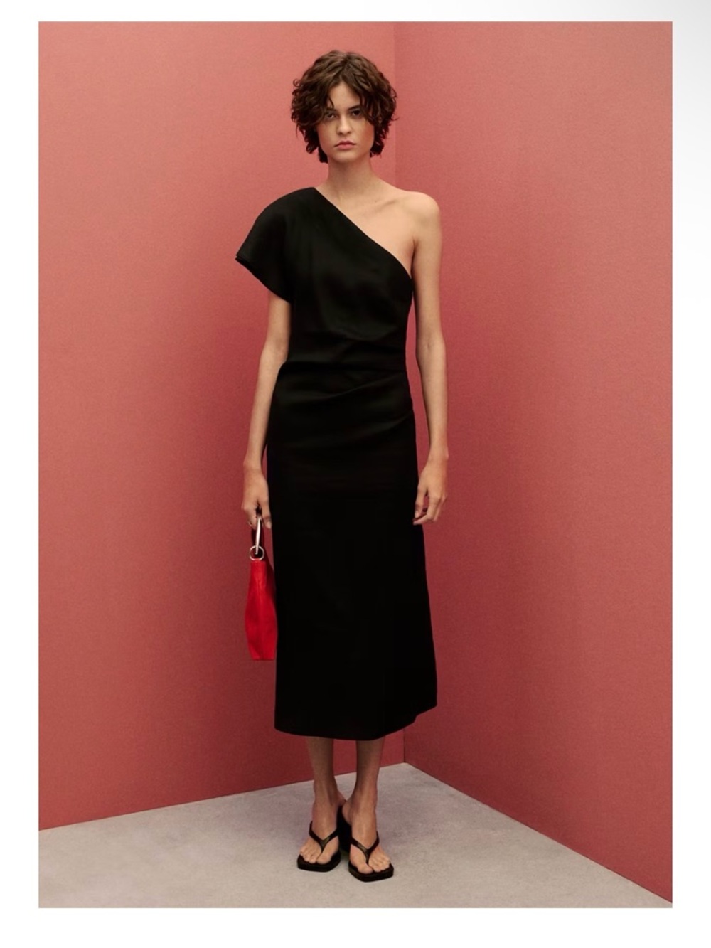 MANGO NEW One-Shoulder Black Midi Dress LINEN